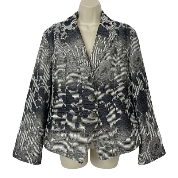 Coldwater Creek Blazer Jacket Womens 16 Gray Floral Stripe Bell Sleeve Career XL - Picture 1 of 12